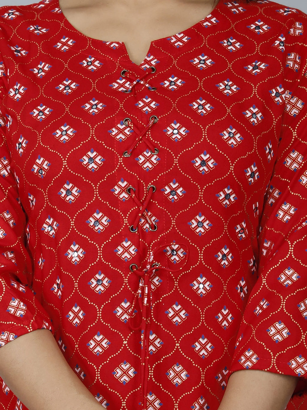 HERE&NOW Women Red Ethnic Motifs Printed Mirror Work Kurta