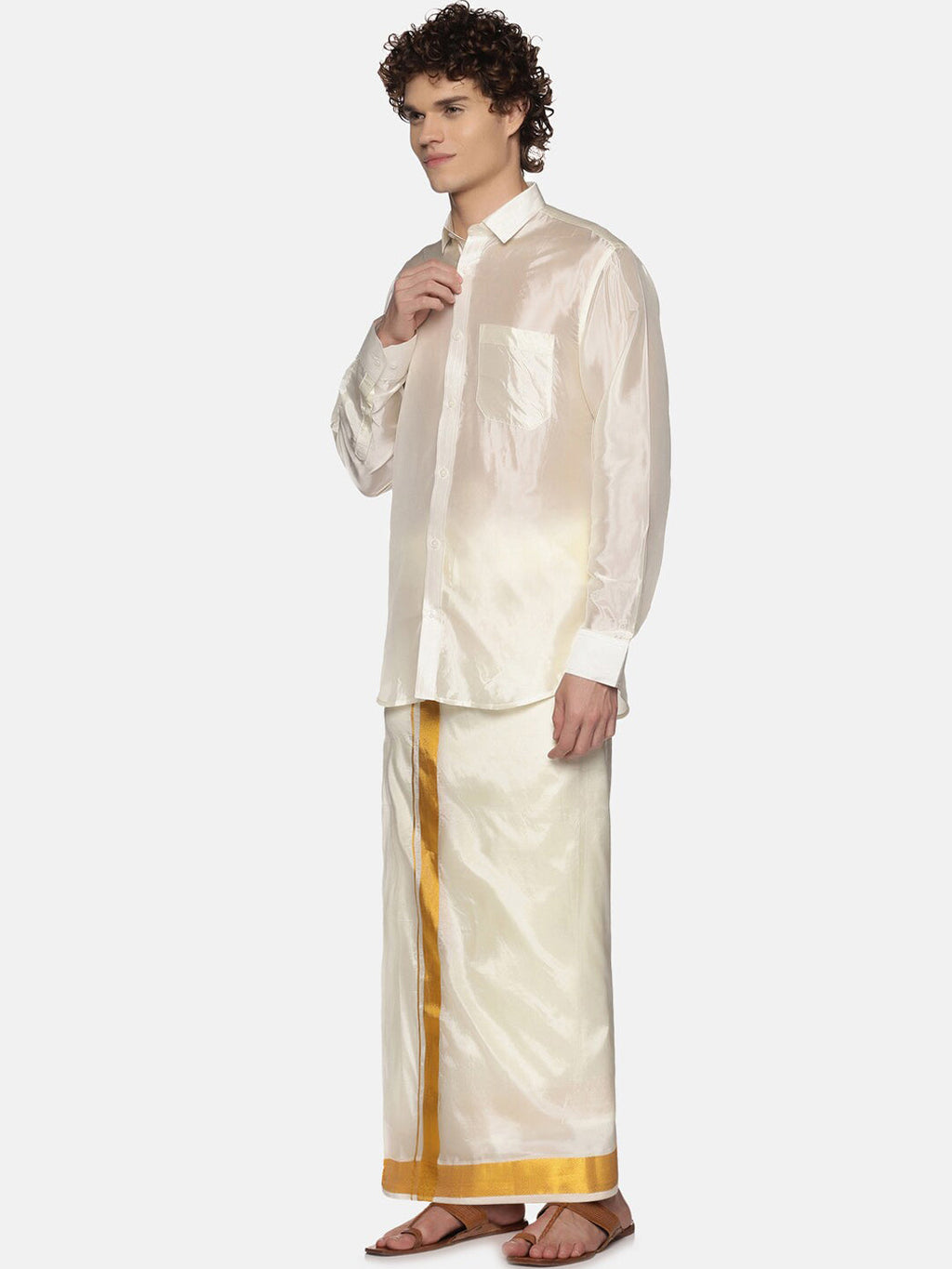 Sethukrishna Men Cream-Colored & Golden Solid Veshti