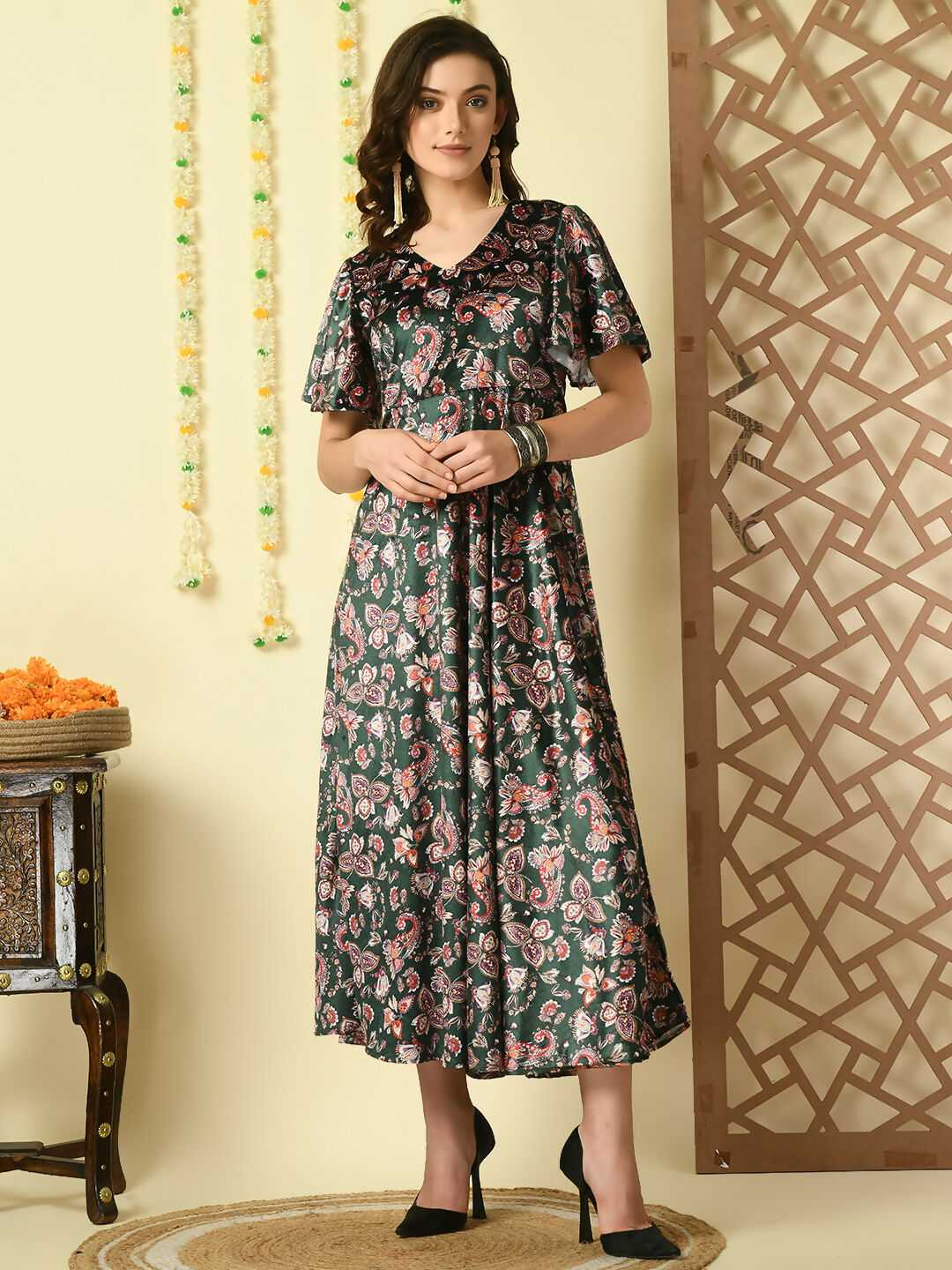 Myshka Women's Multi Printed Velvet Party Dress