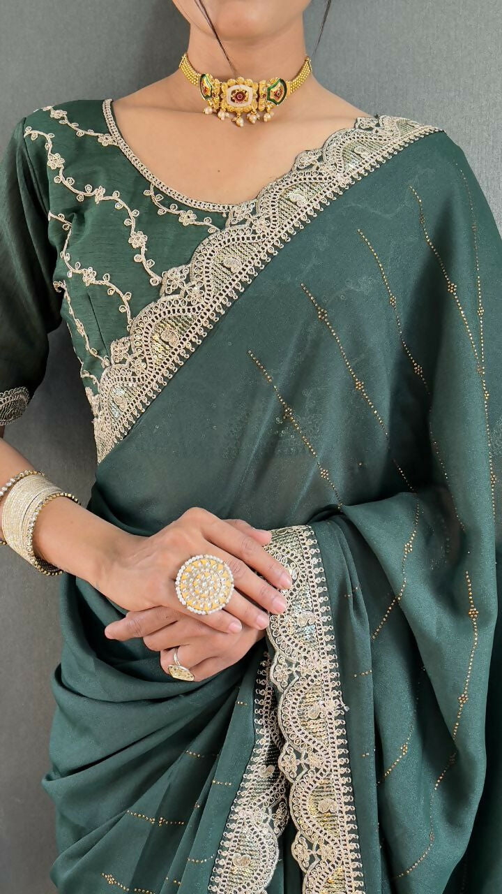 Vastranavya Sea Green Georgette Silk Swarovski & Heavy Lace Work Ready to Wear Saree