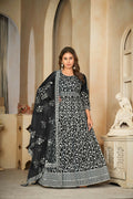 Jyoti Fashion Women's Black Net Embroidered Anarkali Kurta Pant Set With Dupatta