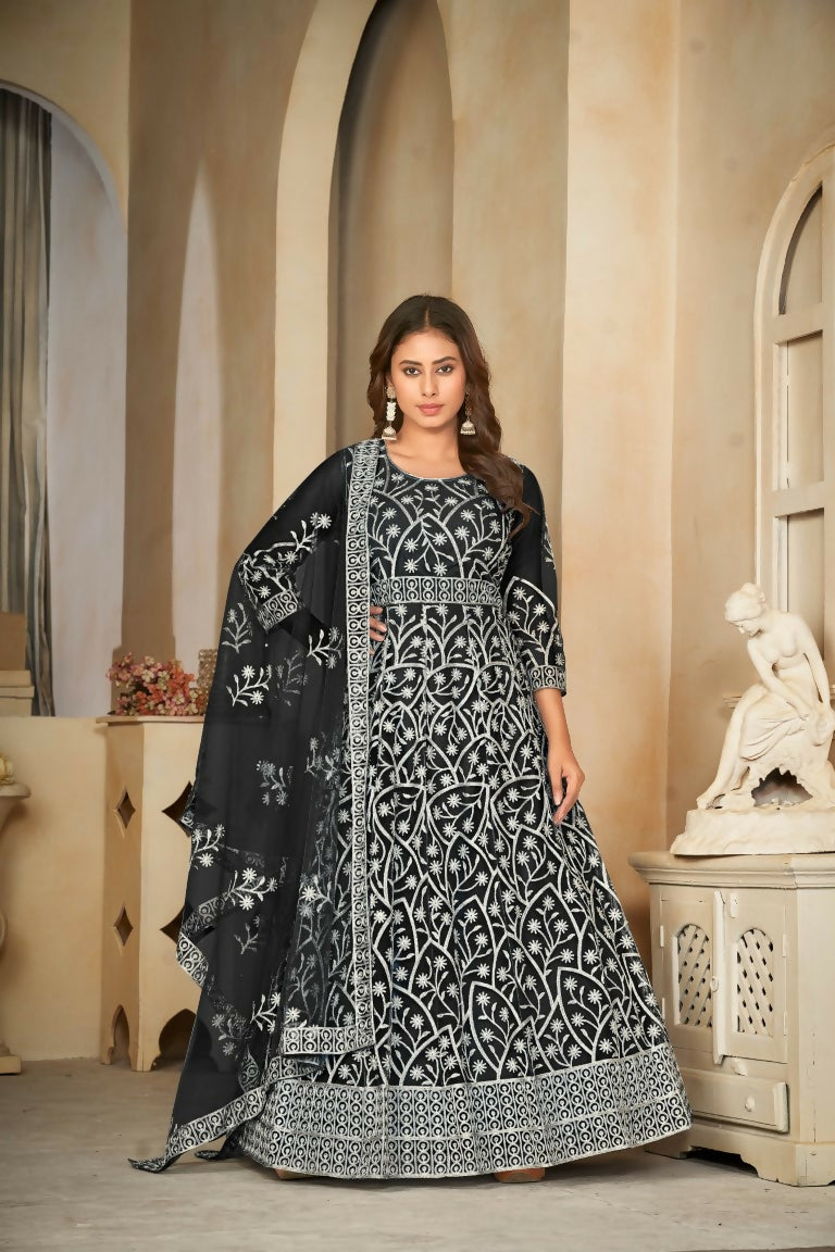 Jyoti Fashion Women's Black Net Embroidered Anarkali Kurta Pant Set With Dupatta