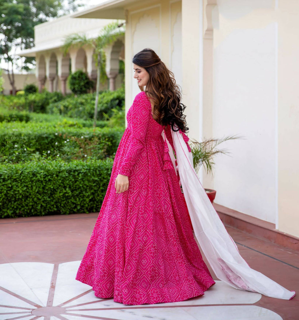 Pink Pure Maslin Bandhej Print Work Stitched Suit With Dupatta - Anbazaar