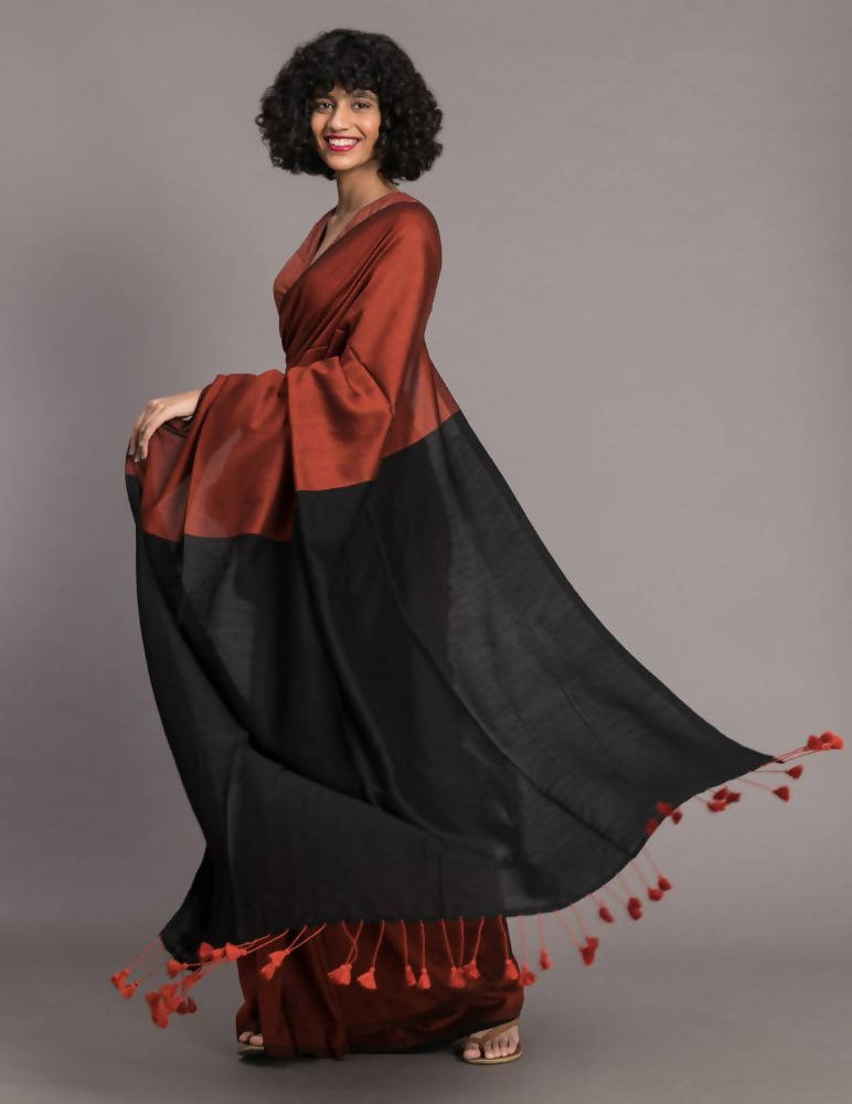 Suta Rust Brown Black Cotton Blend Colourblocked Saree