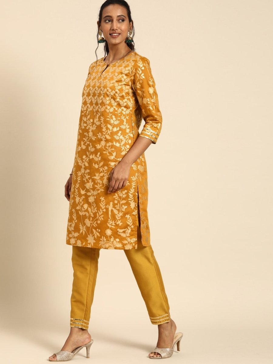 All About You Women Mustard Yellow Ethnic Motifs Printed Regular Kurta with Trousers