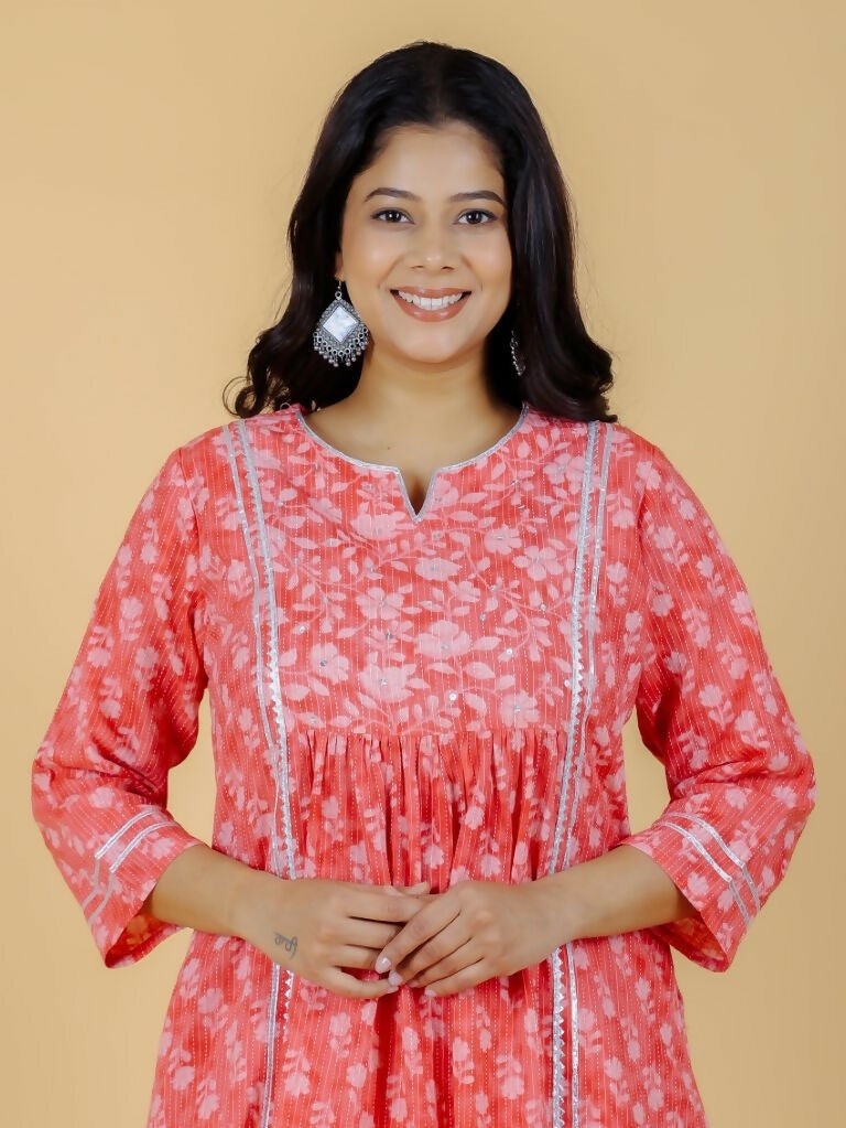 Aramya Pink Kantha Cotton Floral Print Panelled Kurta Set for Women