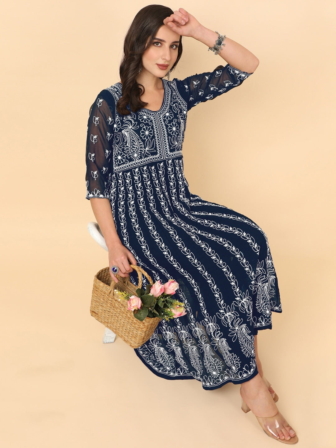 HERE&NOW Women Chikankari Embroidered Thread Work Georgette Anarkali Kurta