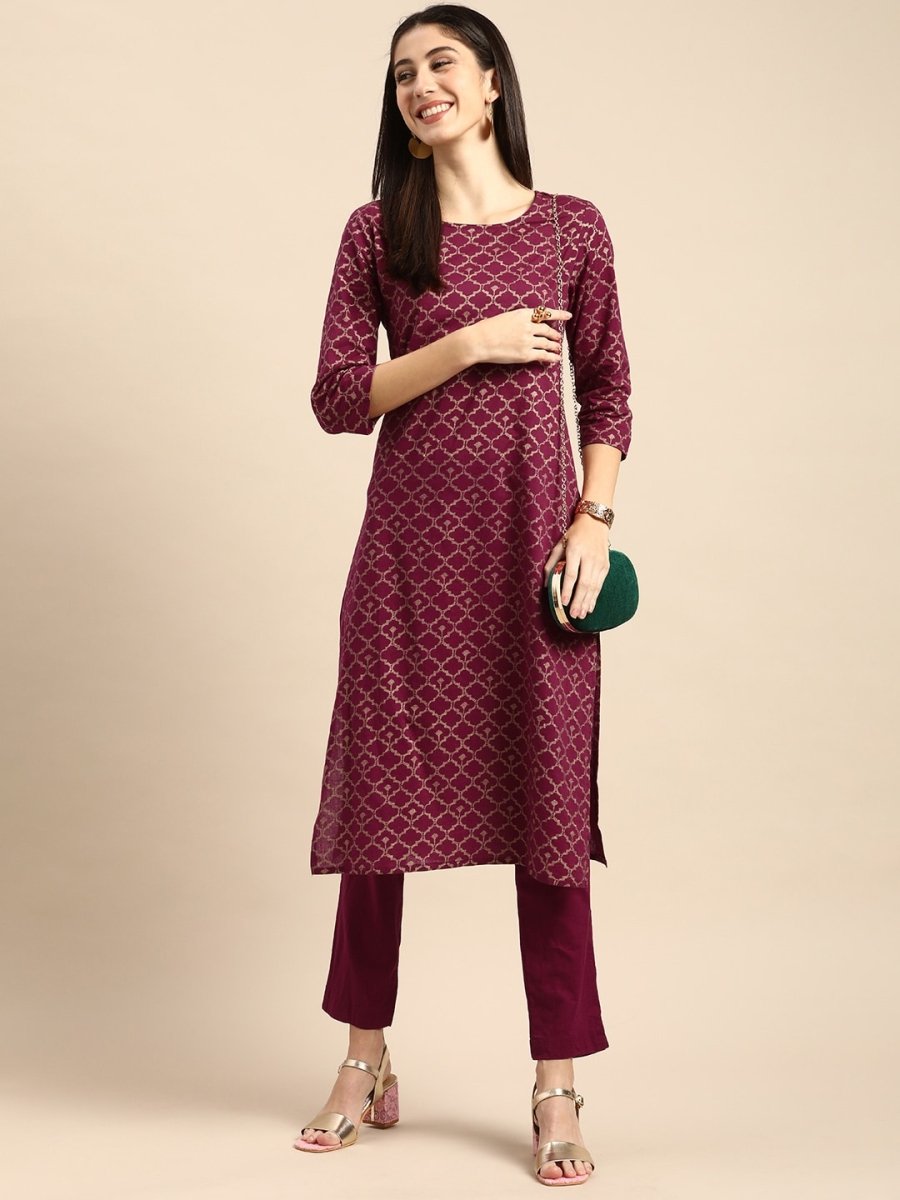 All About You Women Maroon Woven Design Pure Cotton Kurta with Trousers