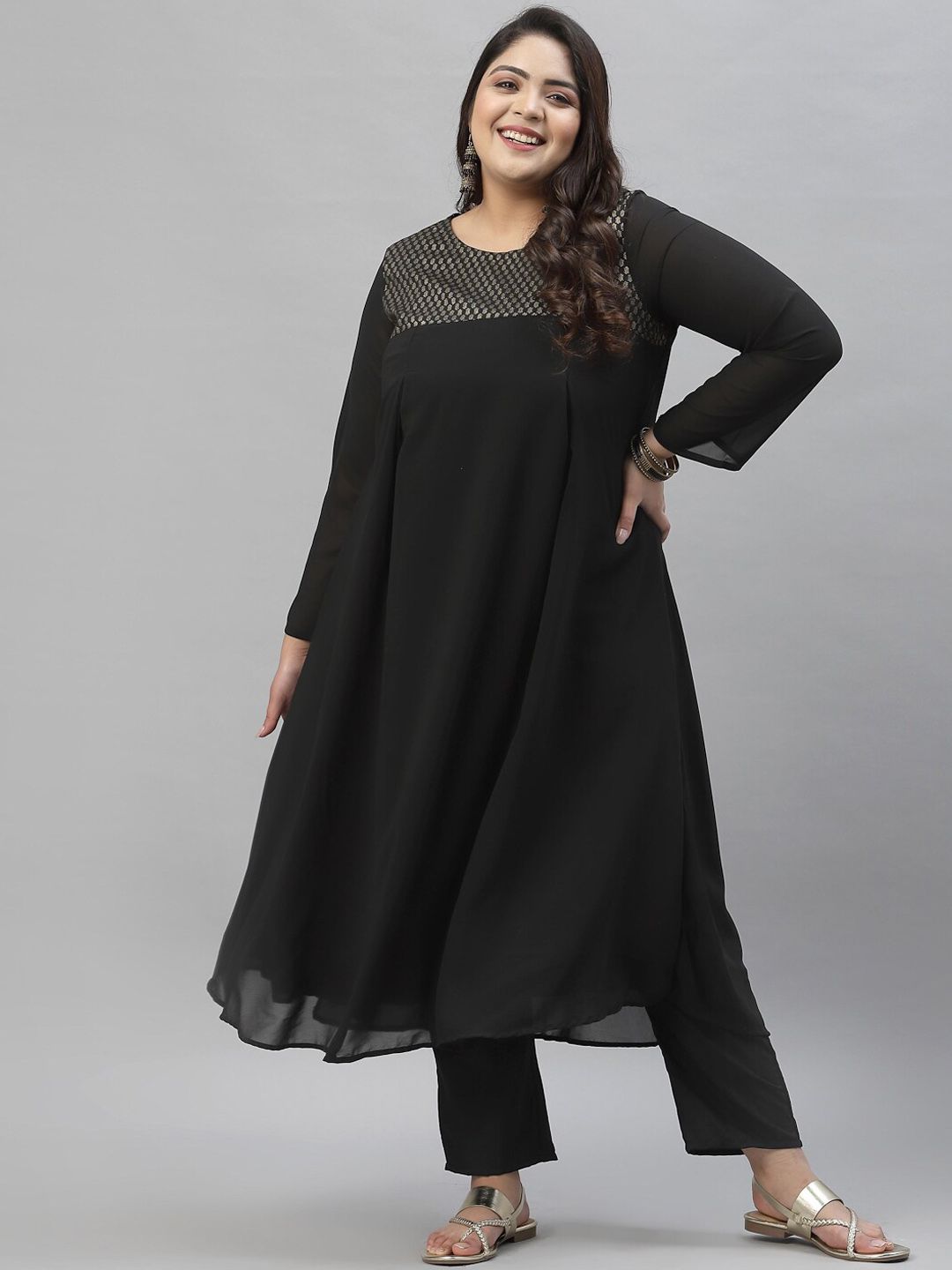 Sztori Plus Size Ethnic Motif Foil Printed Straight Georgette Kurta with Trousers