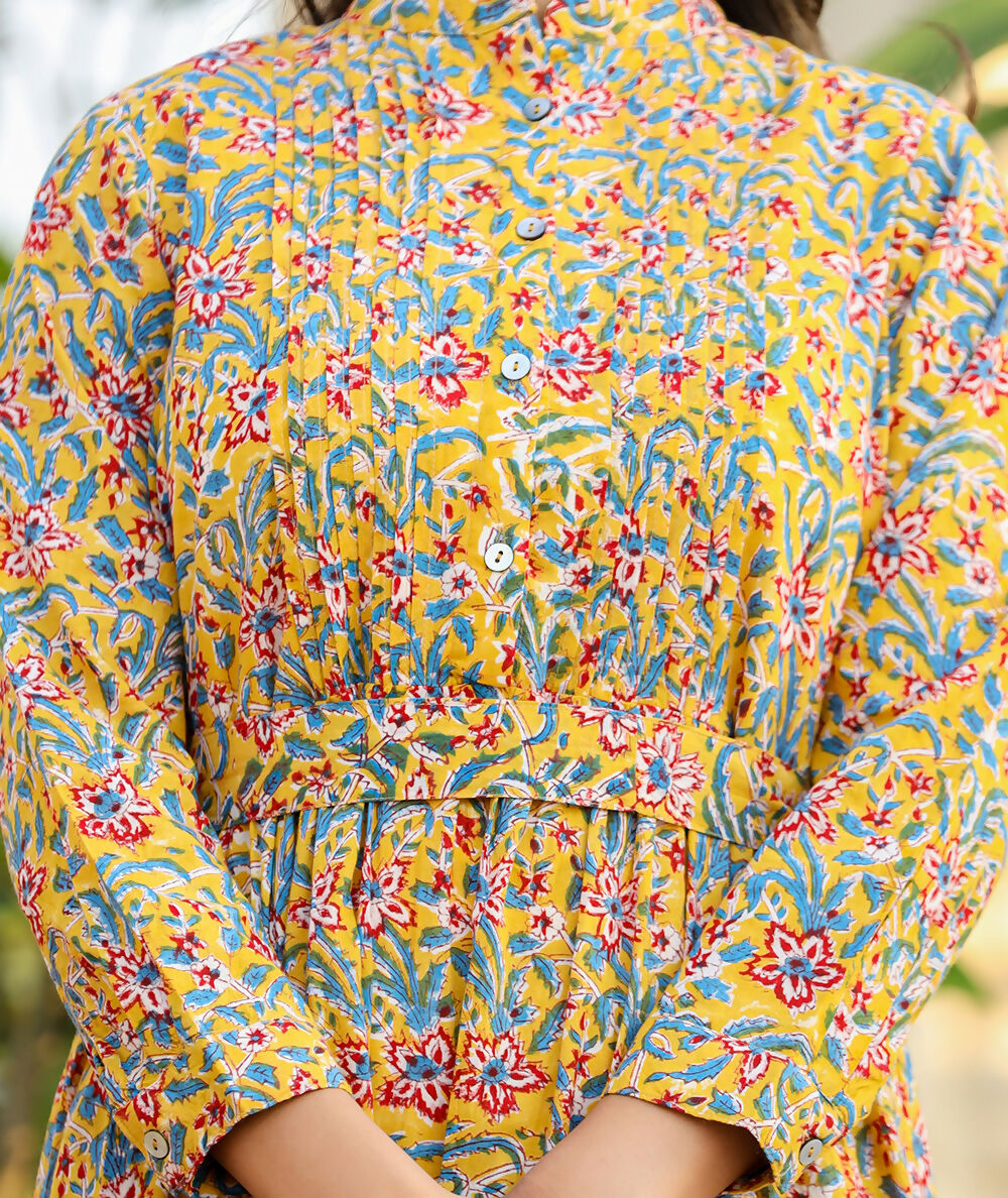 Kaajh Women's Yellow Floral Handblock Print Cotton Dress