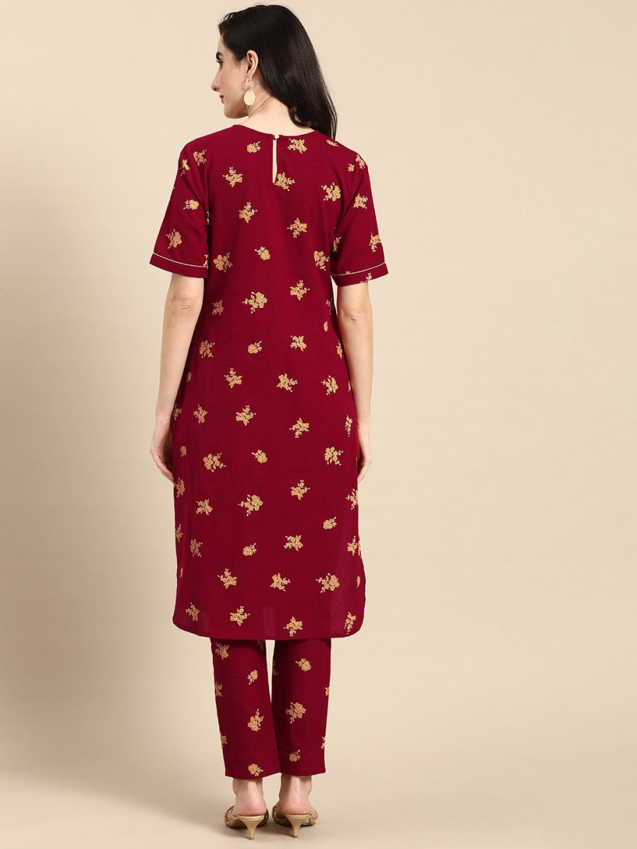 All About You Women Maroon & Mustard Yellow Floral Printed Pure Cotton Kurta with Trousers