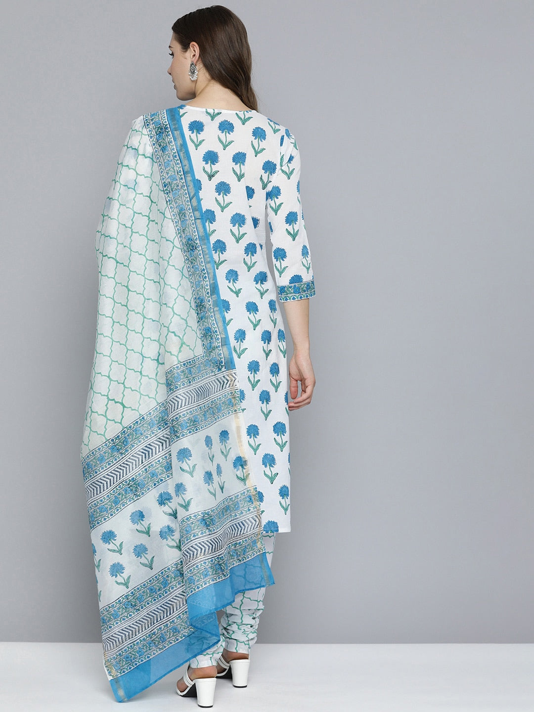 HERE&NOW Floral Printed Regular Pure Cotton Kurta with Churidar & With Dupatta