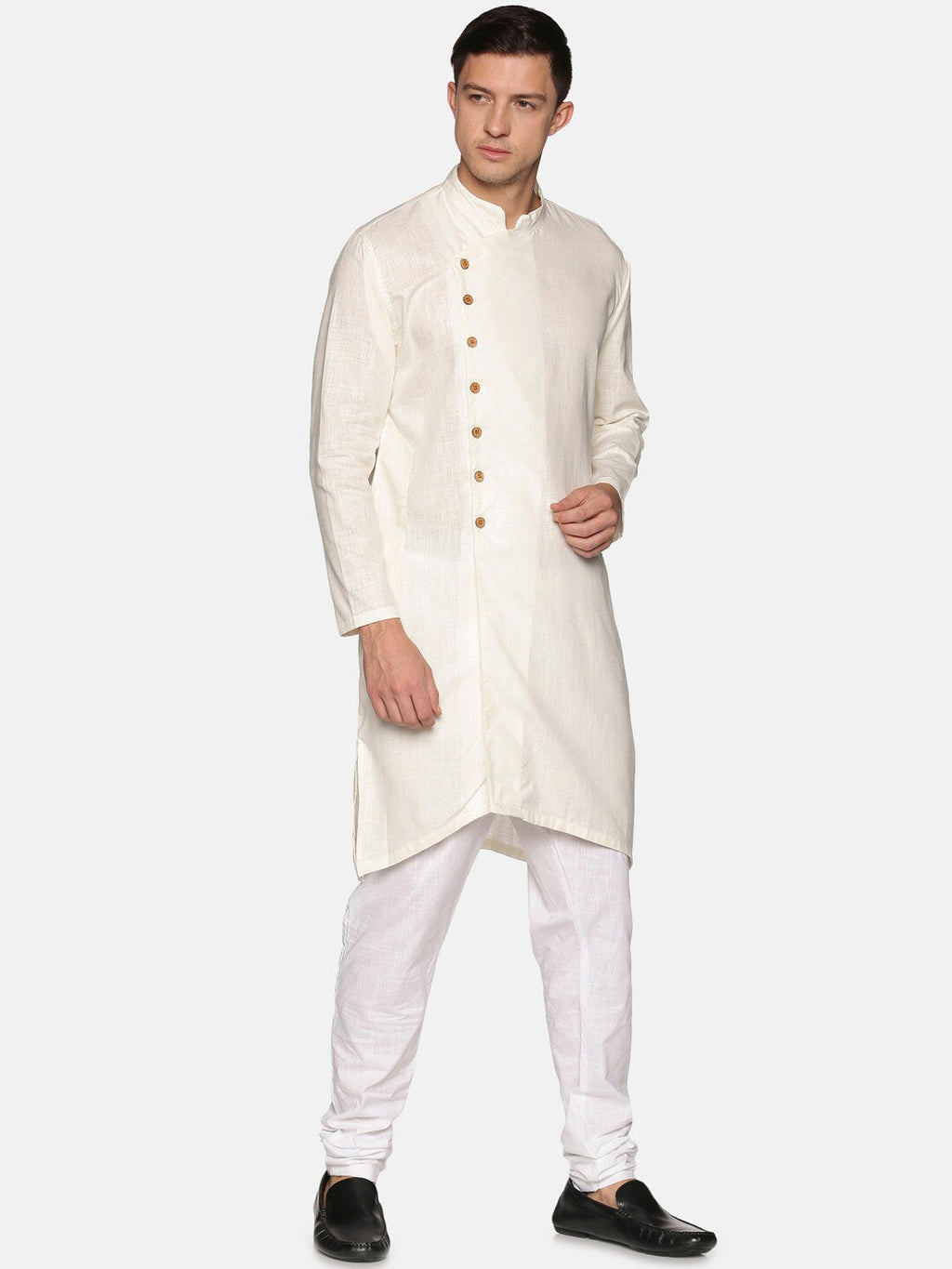 Sethukrishna Men Off White Angrakha Pure Cotton Kurta with Churidar