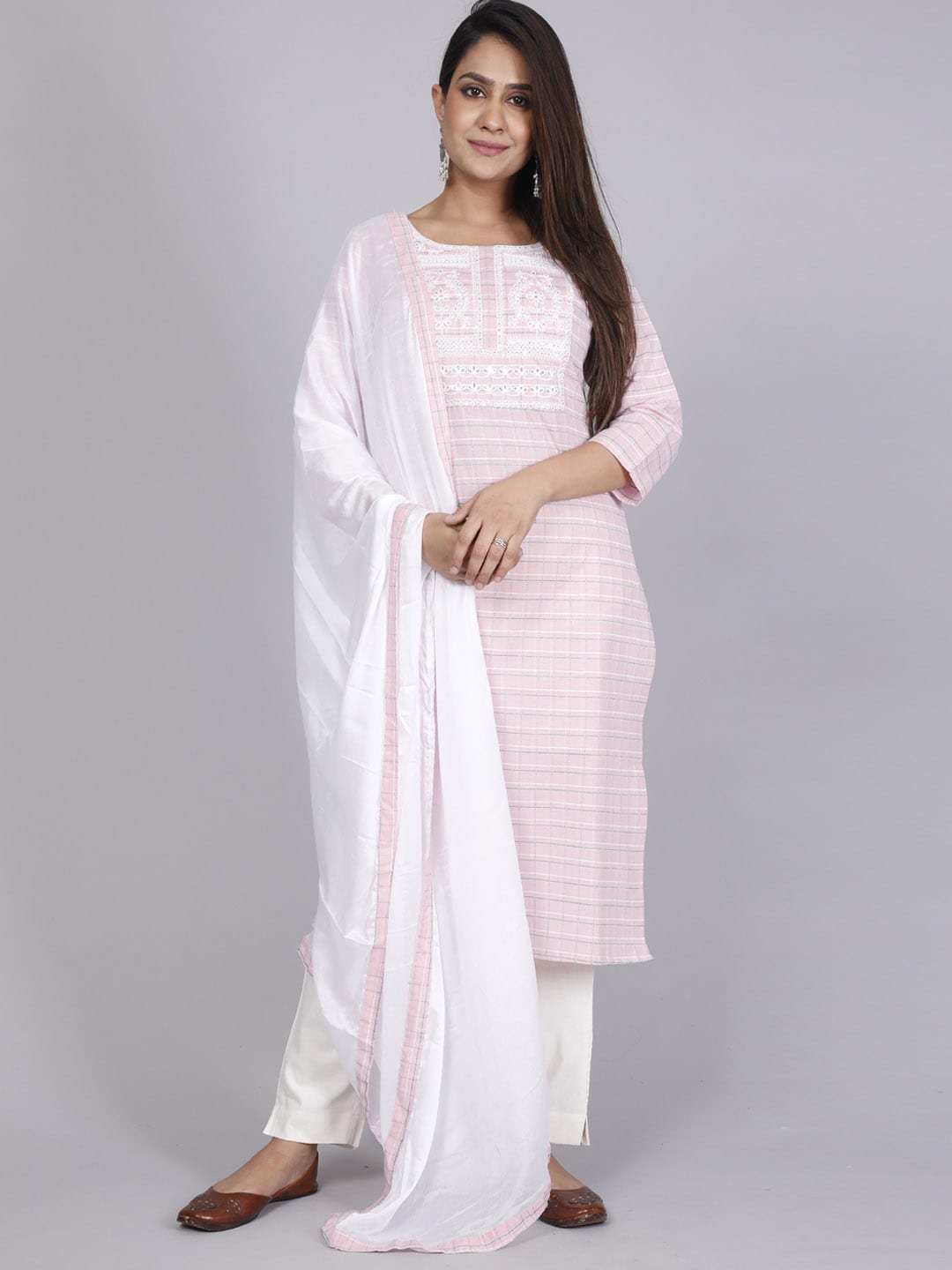 HERE&NOW Pink Embroidered Sequinned Pure Cotton Kurta with Trousers & With Dupatta
