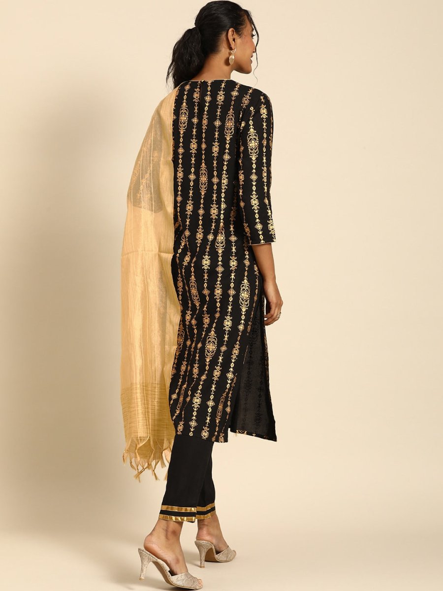 All About You Women Black Ethnic Motifs Printed Regular Kurta with Trousers & With Dupatta