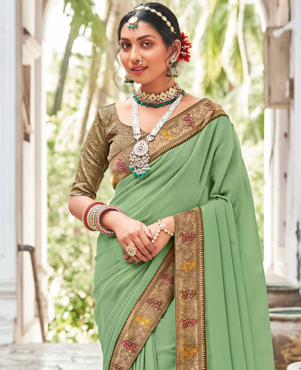 Green Vichitra Solid Saree With Unstitched Blouse Piece - Juhi