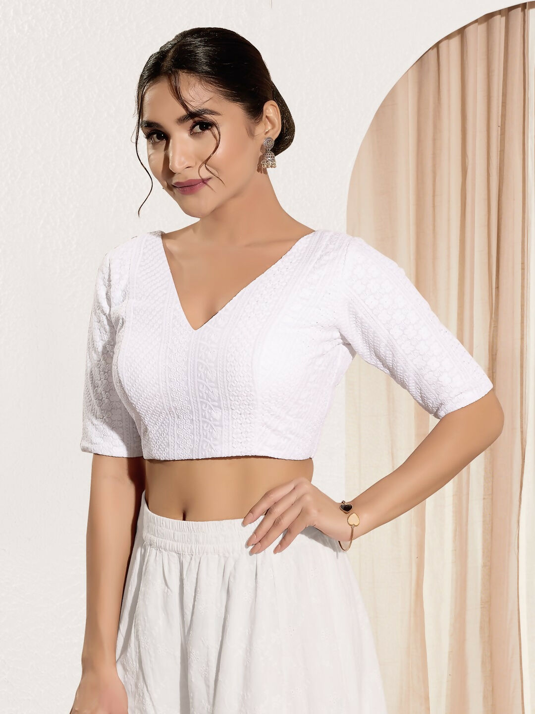 Joban Fashion White Shifli Padded Blouse With V Neck Elbow Sleeves