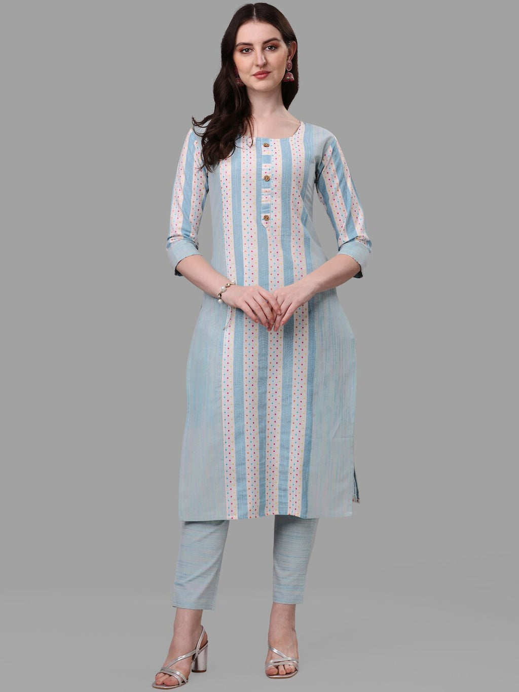 HERE&NOW Turquoise Blue Striped Regular Pure Cotton Kurta with Trousers & With Dupatta