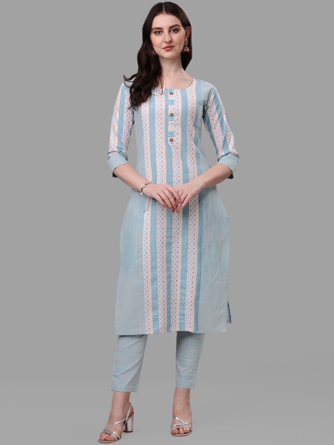 HERE&NOW Turquoise Blue Striped Regular Pure Cotton Kurta with Trousers & With Dupatta