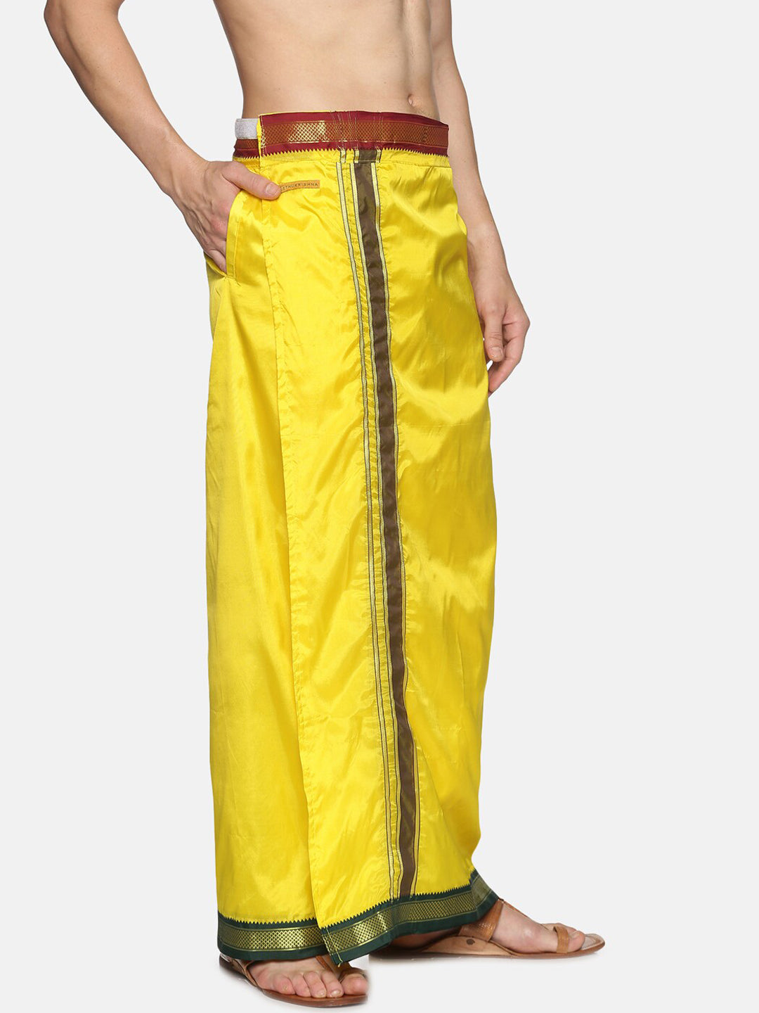 Sethukrishna Men Yellow & Green Solid Readymade Veshti Dhoti