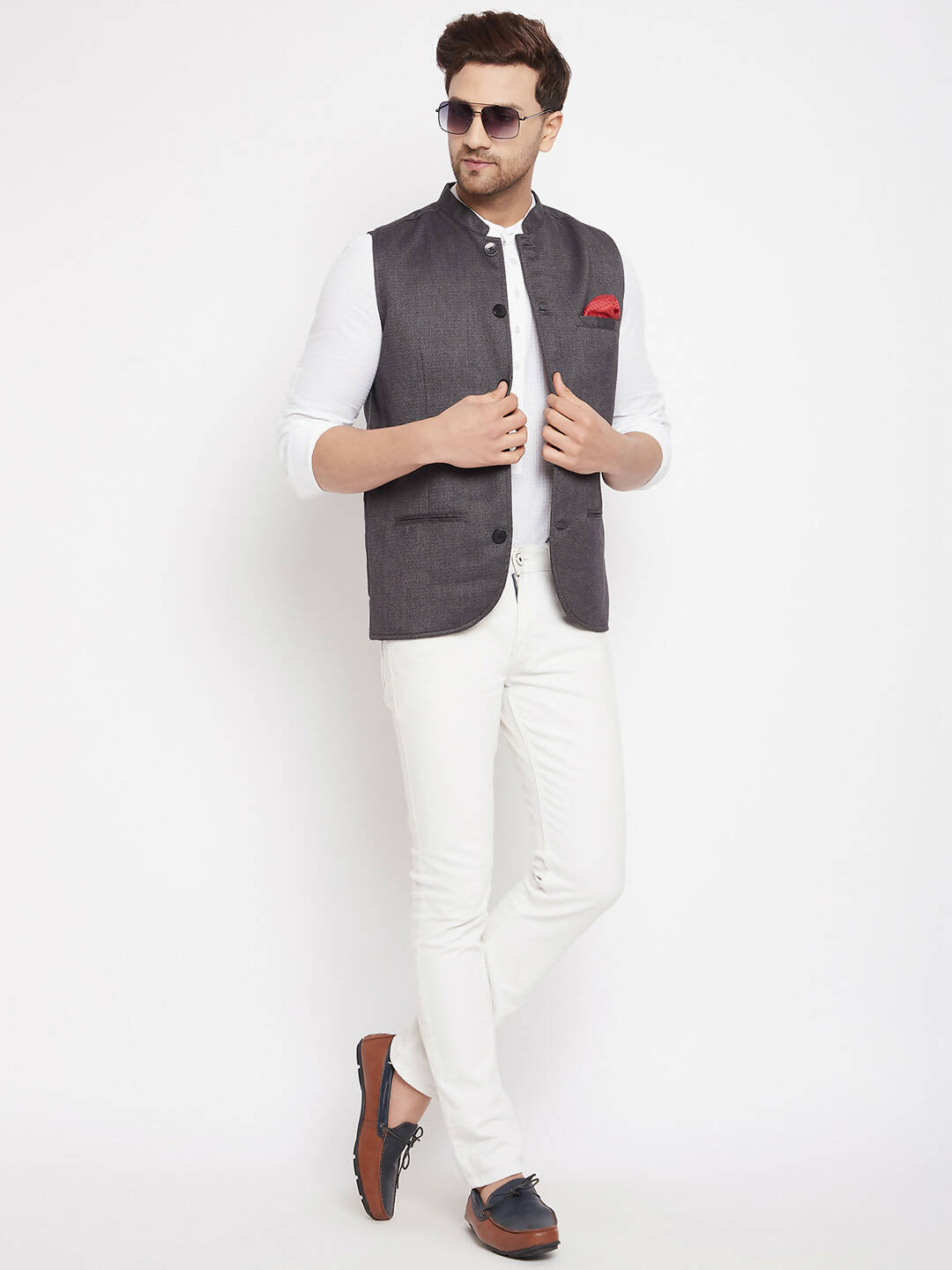 Even Apparels Grey Merino Men Woven Nehru Jacket PW685