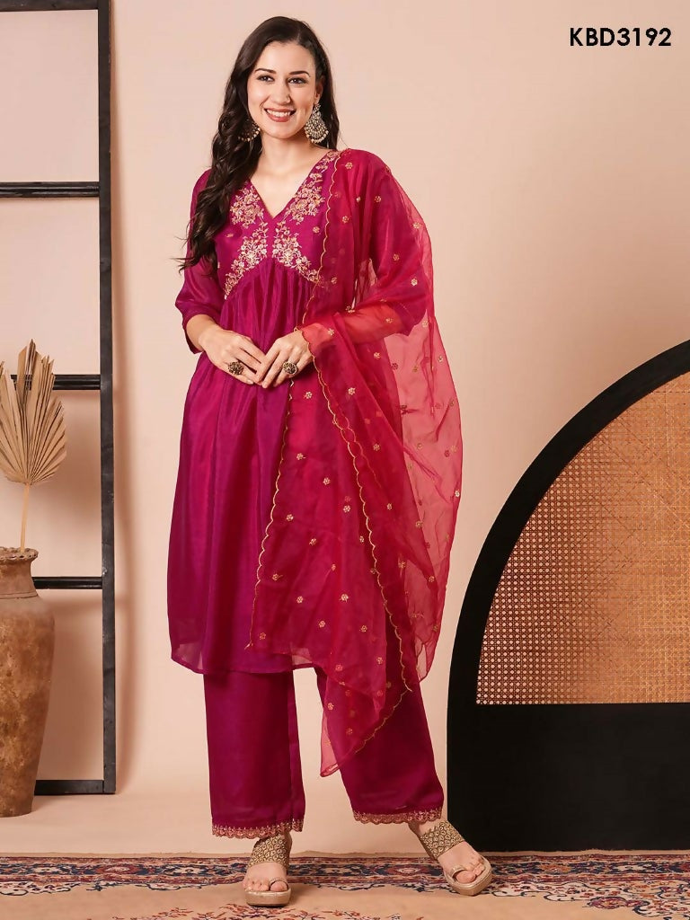 Pink Vichitra Silk Embroidery Work Kurta Set - Riya
