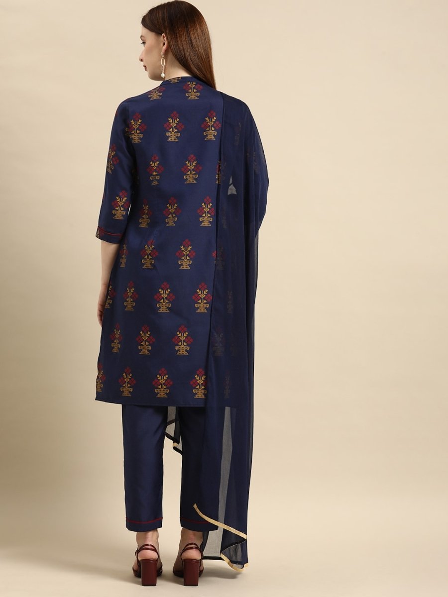 All About You Women Navy Blue Ethnic Motifs Printed Kurta with Trousers & With Dupatta