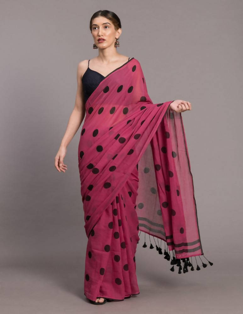 Suta Pink Black Polka Printed Pure Cotton Saree