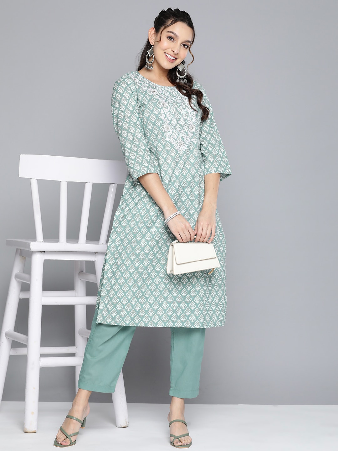 HERE&NOW Women Ethnic Motifs Embroidered Mirror Work Pure Cotton Kurta With Trousers