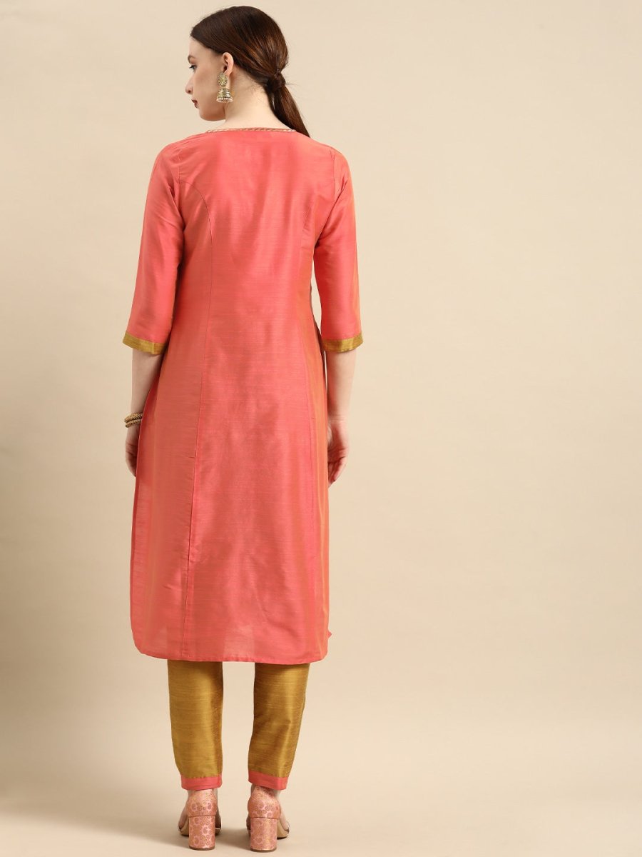 All About You Women Peach-Coloured Embroidered Kurta with Trousers