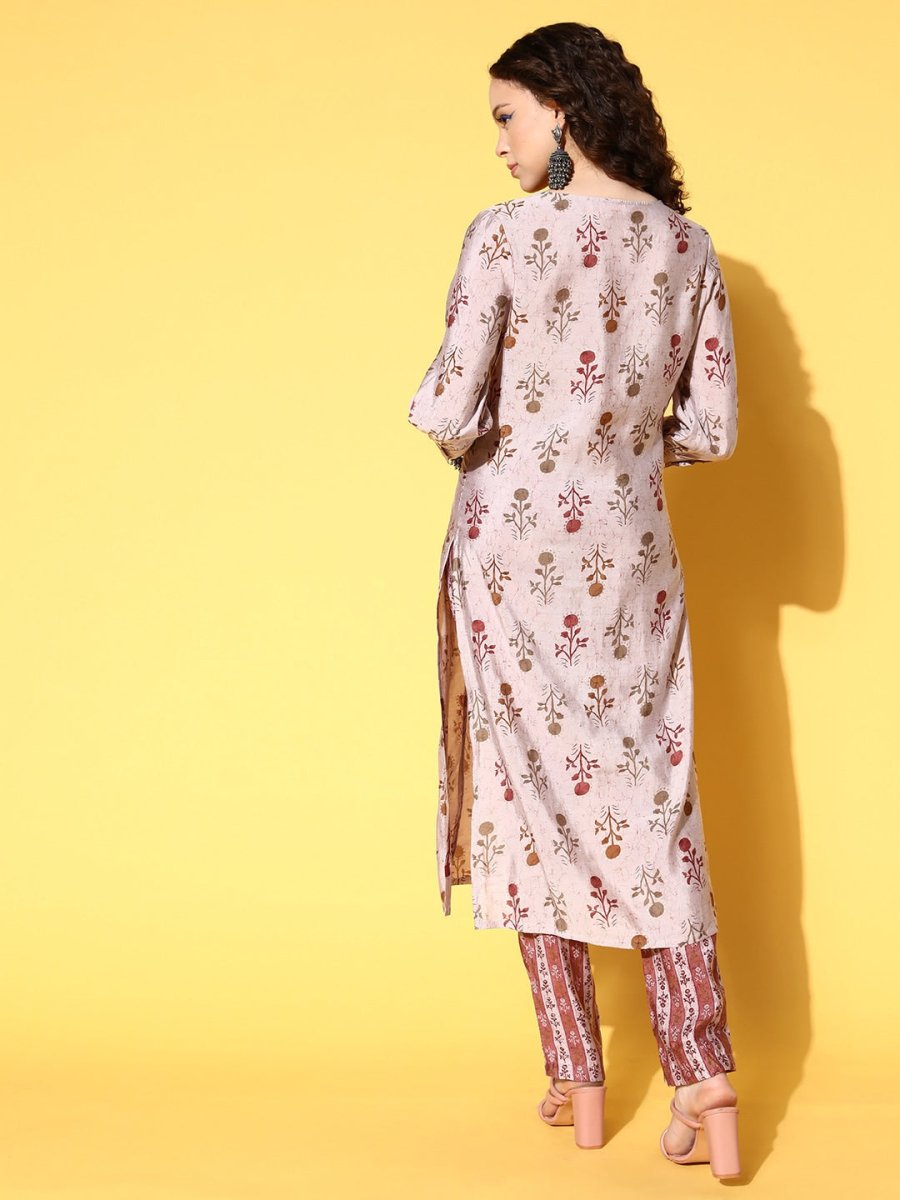 All About You Women Amusing Taupe Ethnic Motifs Print Parade Kurta with Trousers