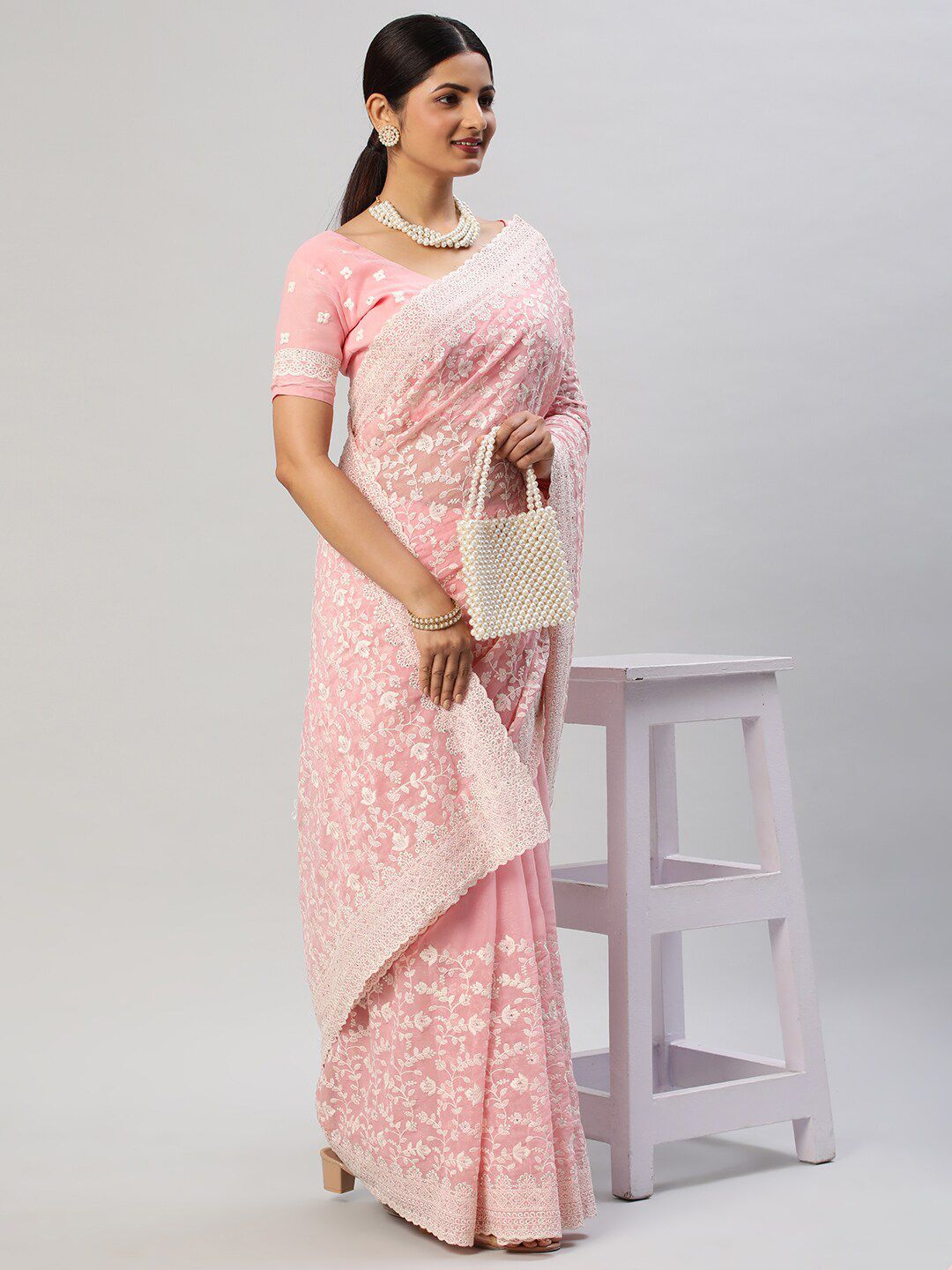 kasee Floral Embroidered Pure Chiffon Saree