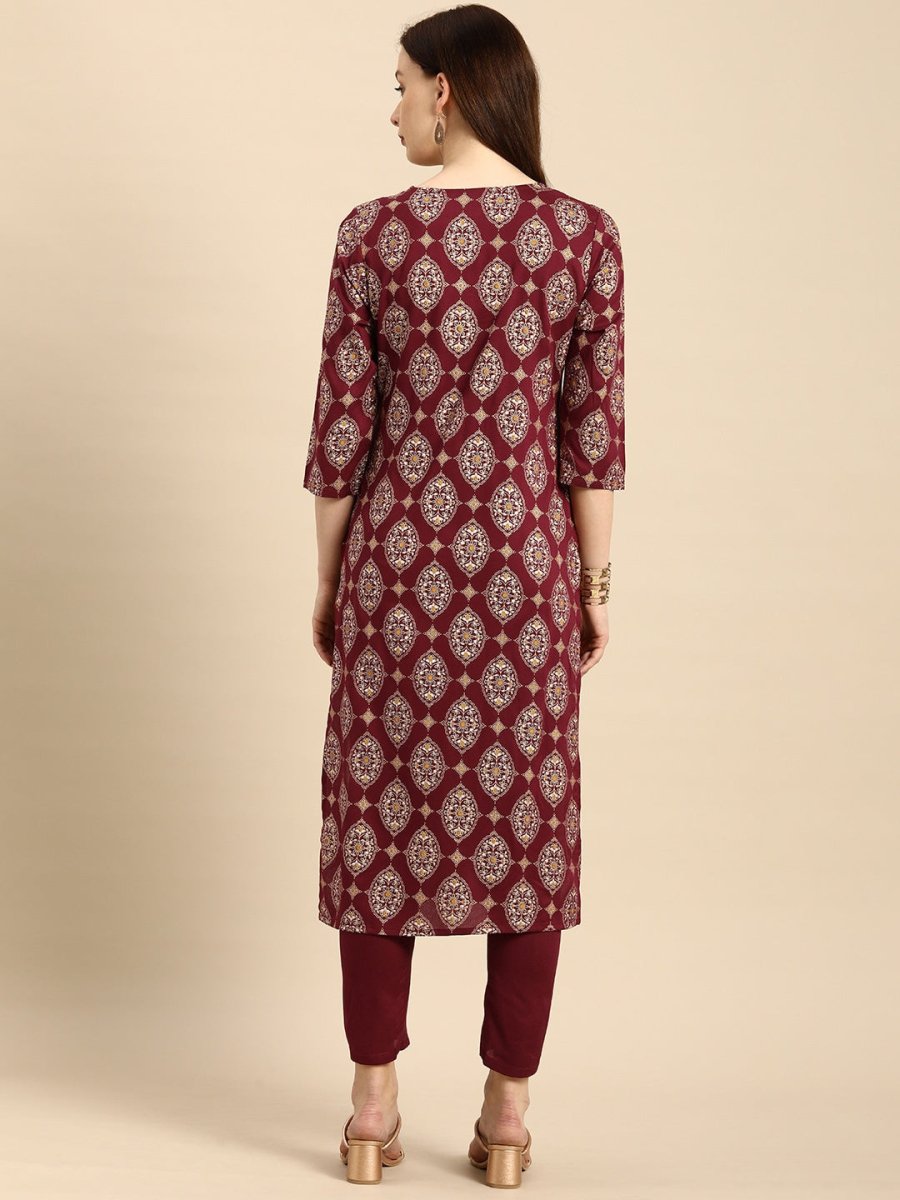 All About You Women Maroon Printed Kurta with Trousers