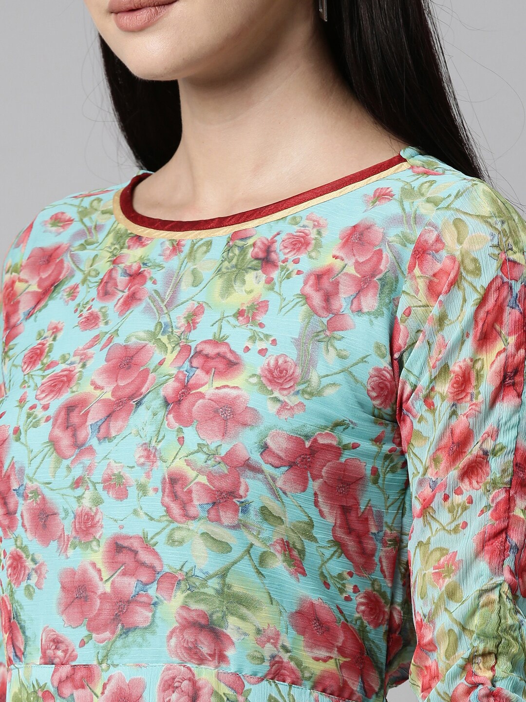 Souchii Turquoise Blue Floral Printed Chiffon A-Line Midi Dress