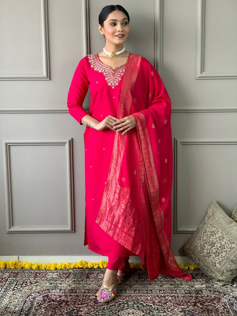 Partywear Designer Viscos Chanderi Red Stitched Suit With Dupatta - Tanisha