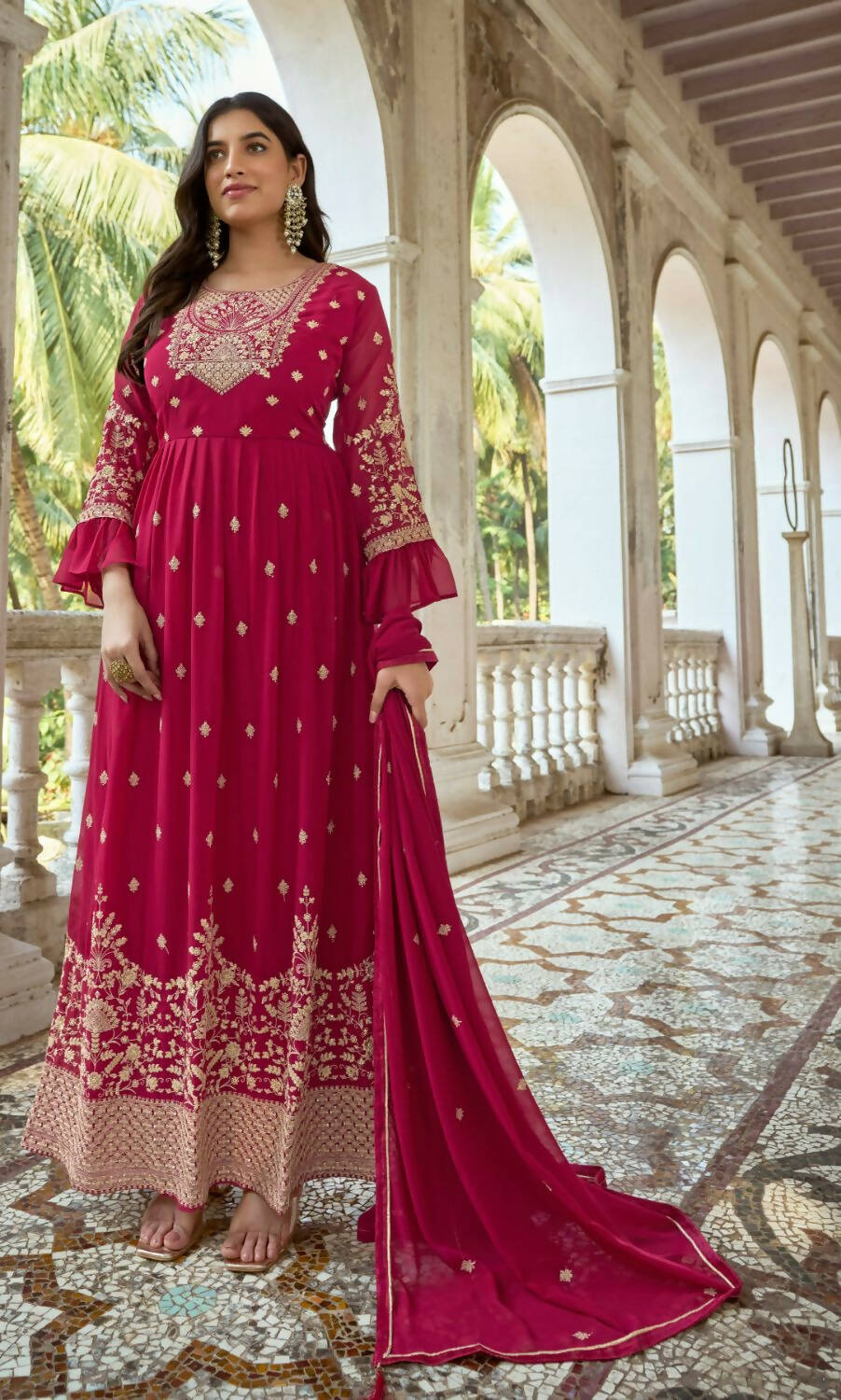 Pink Heavy Faux Georgette Anarkali Embroidered Kurta Set - Dhvani
