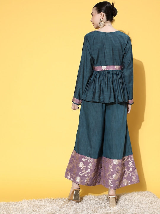 InWeave Women's Teal Mauve Brocade Mughal Shaan Kurta Palazzo Set