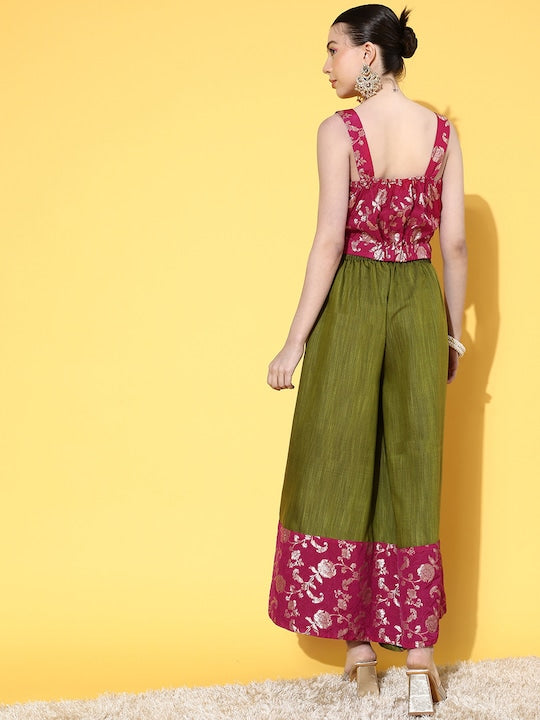InWeave Women's Pink Brocade Strappy Top W Olive Pink Brocade Palazzo Set