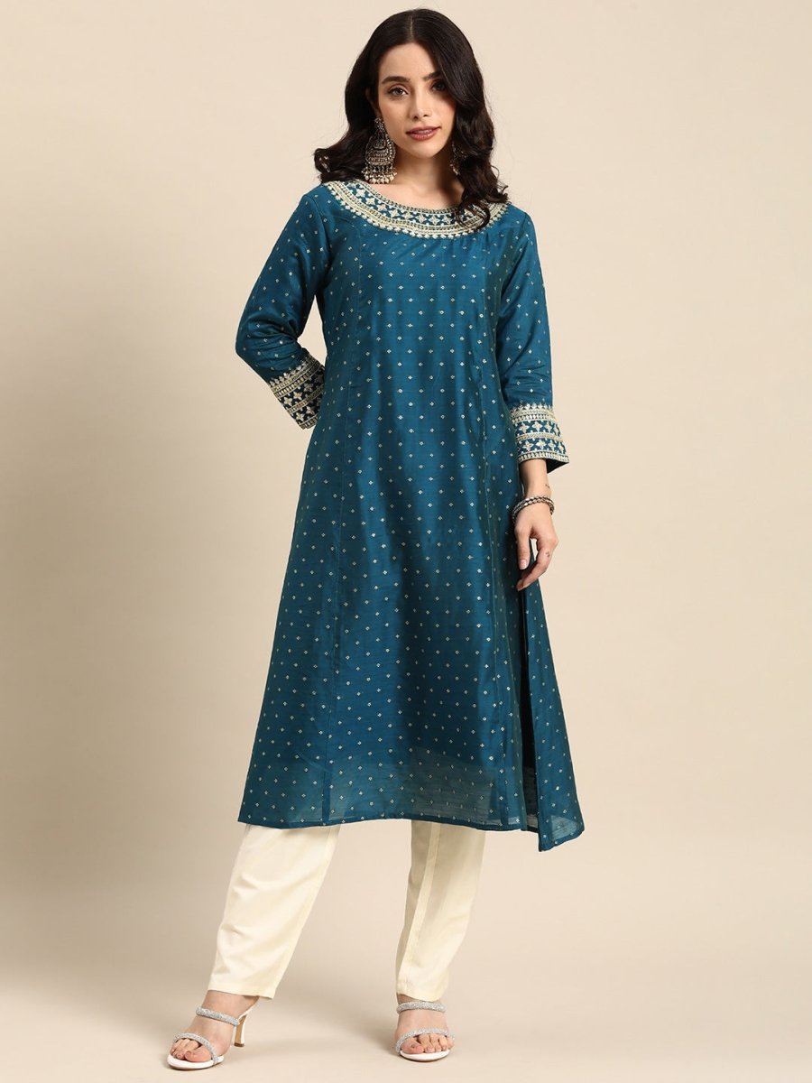 All About You Ethnic Motifs Embroidered Sequinned Kurta With Trousers