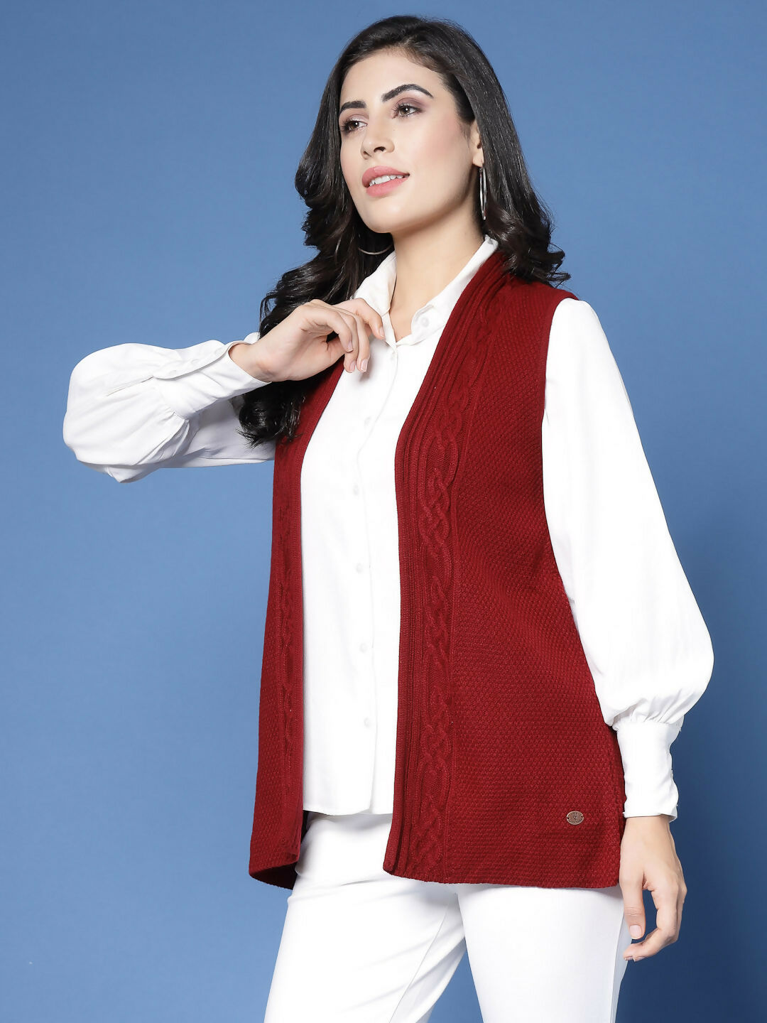 Women Winter Maroon Acrylic Cardigan - Wool Trees
