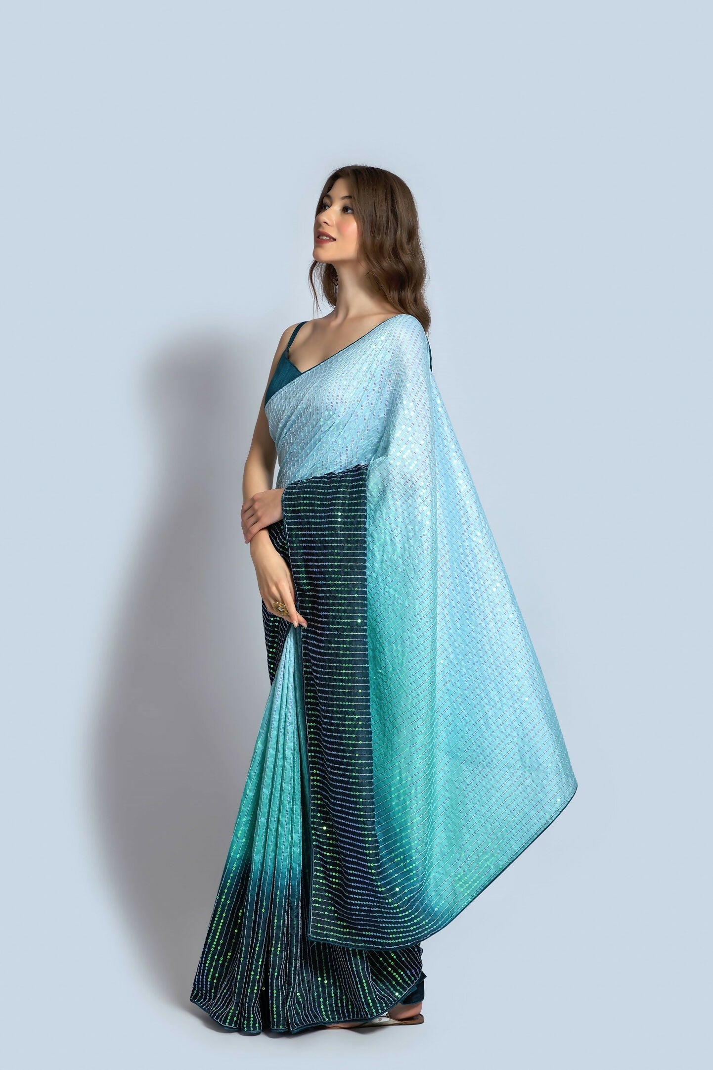Vegaa Fashion Sky Blue Vichitra Silk Embroidered Party Wear Saree