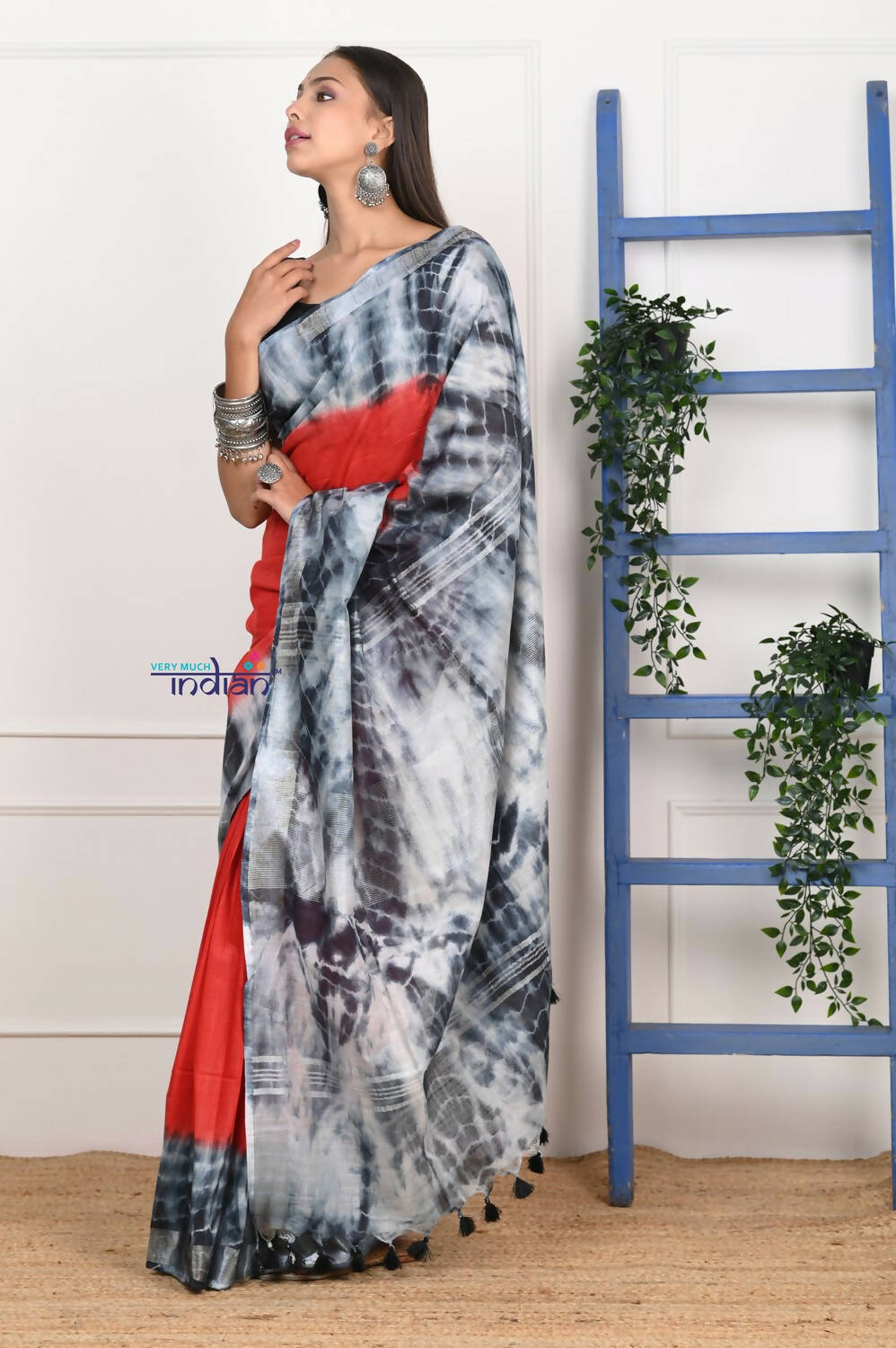 Very Much Indian Handmade Tie And Dye Cotton Saree By Women Weavers -Red Black