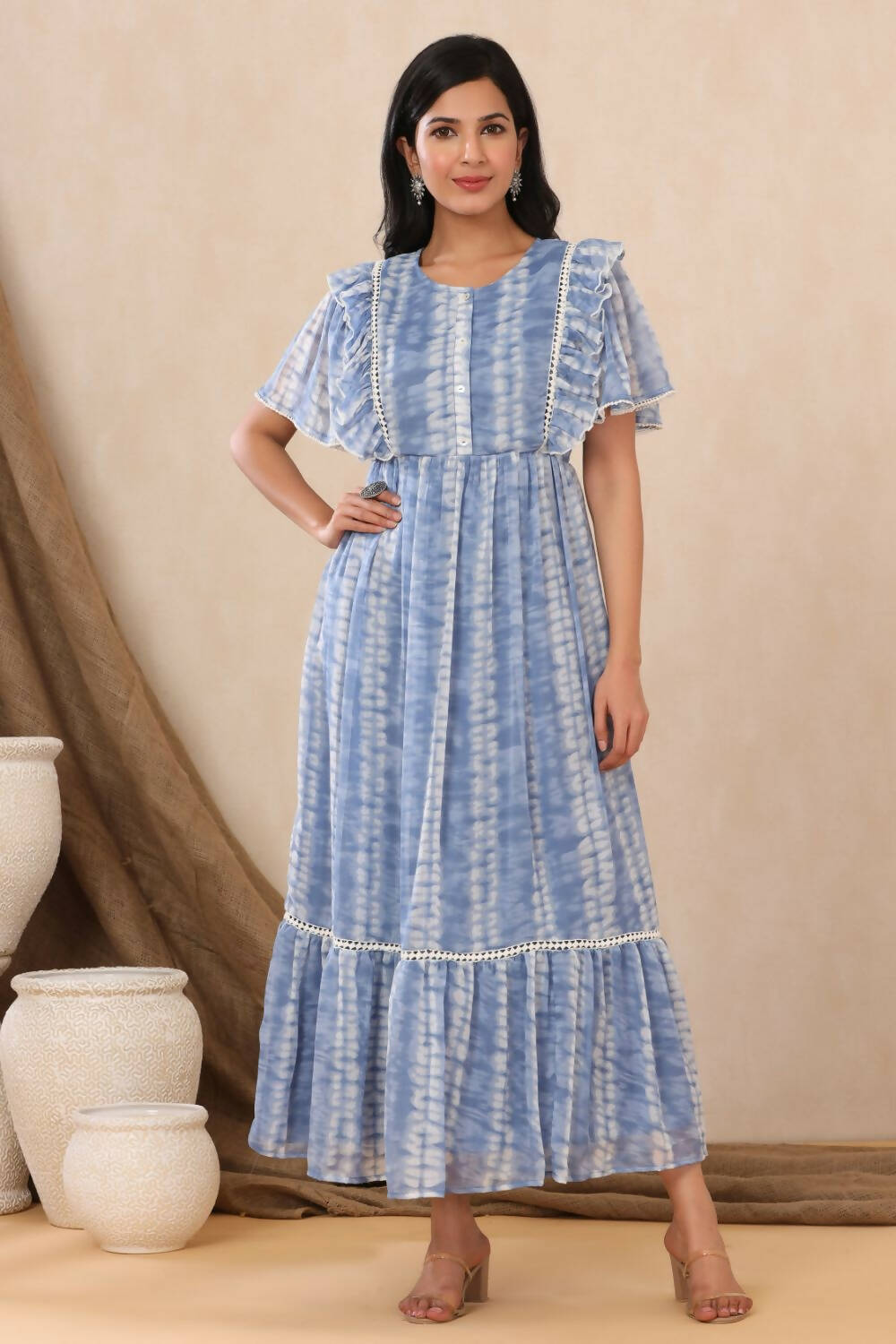 Juniper Womens Powderblue Chiffon Printed Tiered Dress