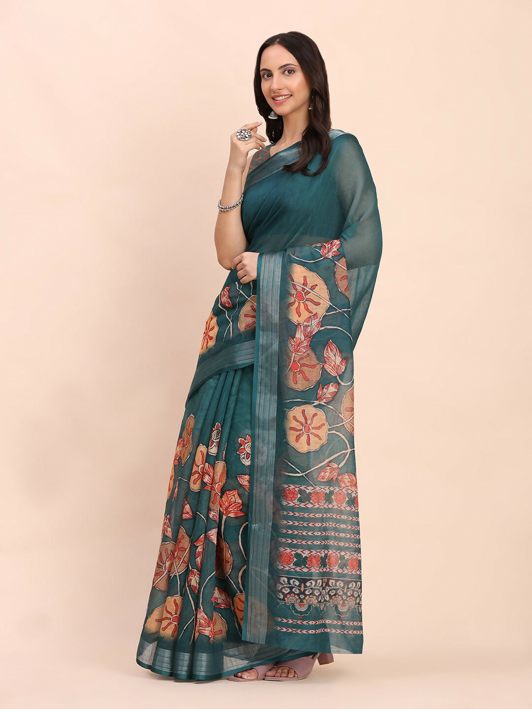 Shree Shyam Fashion Linen Cotton Teal Blue Saree