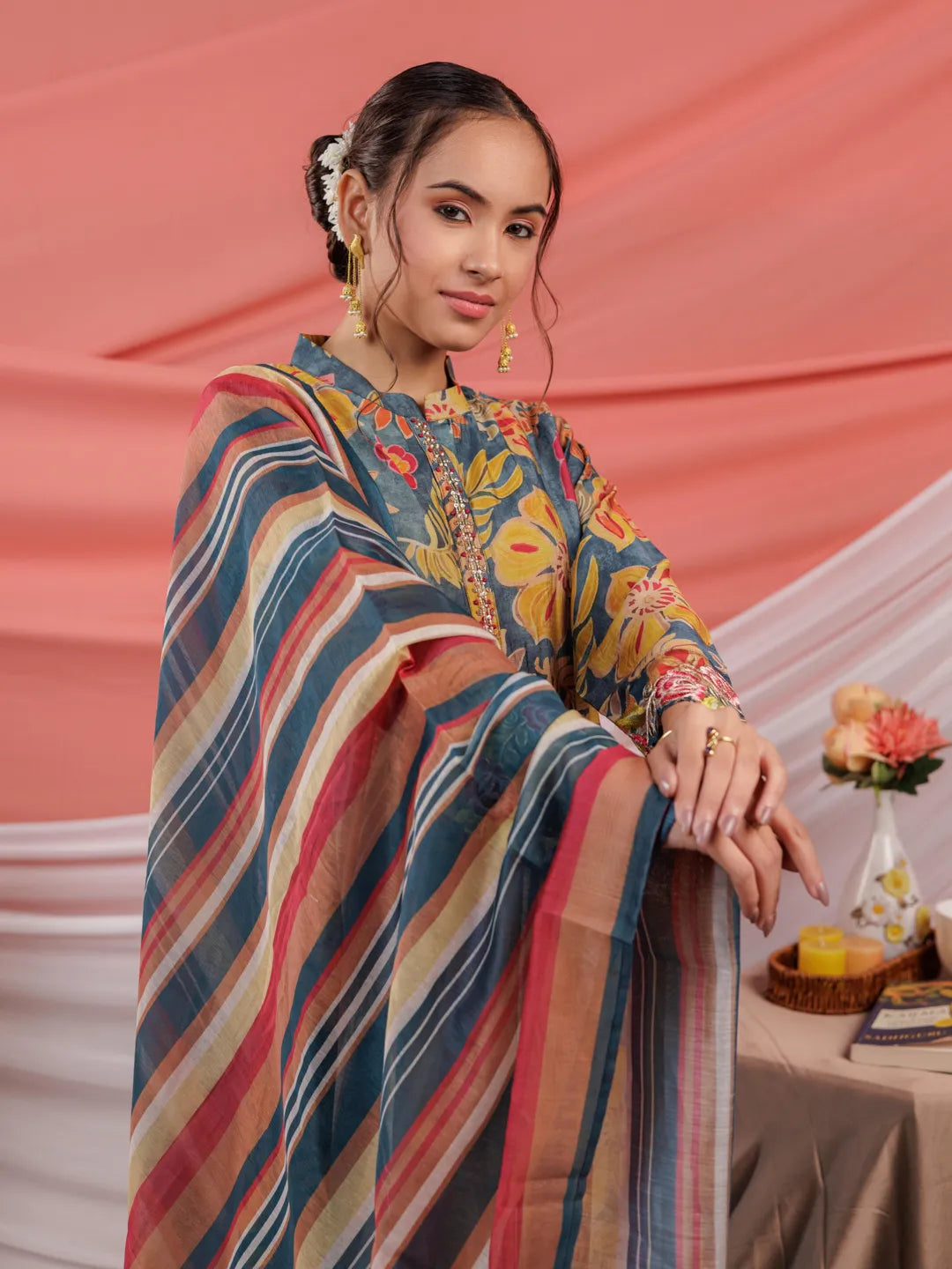 Yufta Chanderi Navy Blue Printed Kurta Dupatta Set