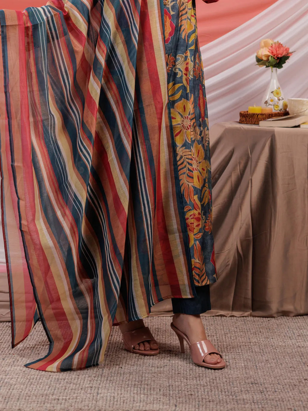 Yufta Chanderi Navy Blue Printed Kurta Dupatta Set