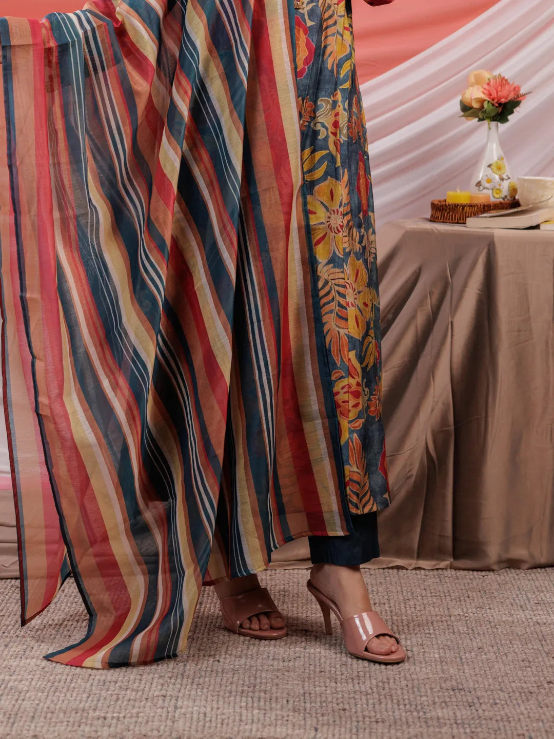 Yufta Chanderi Navy Blue Printed Kurta Dupatta Set