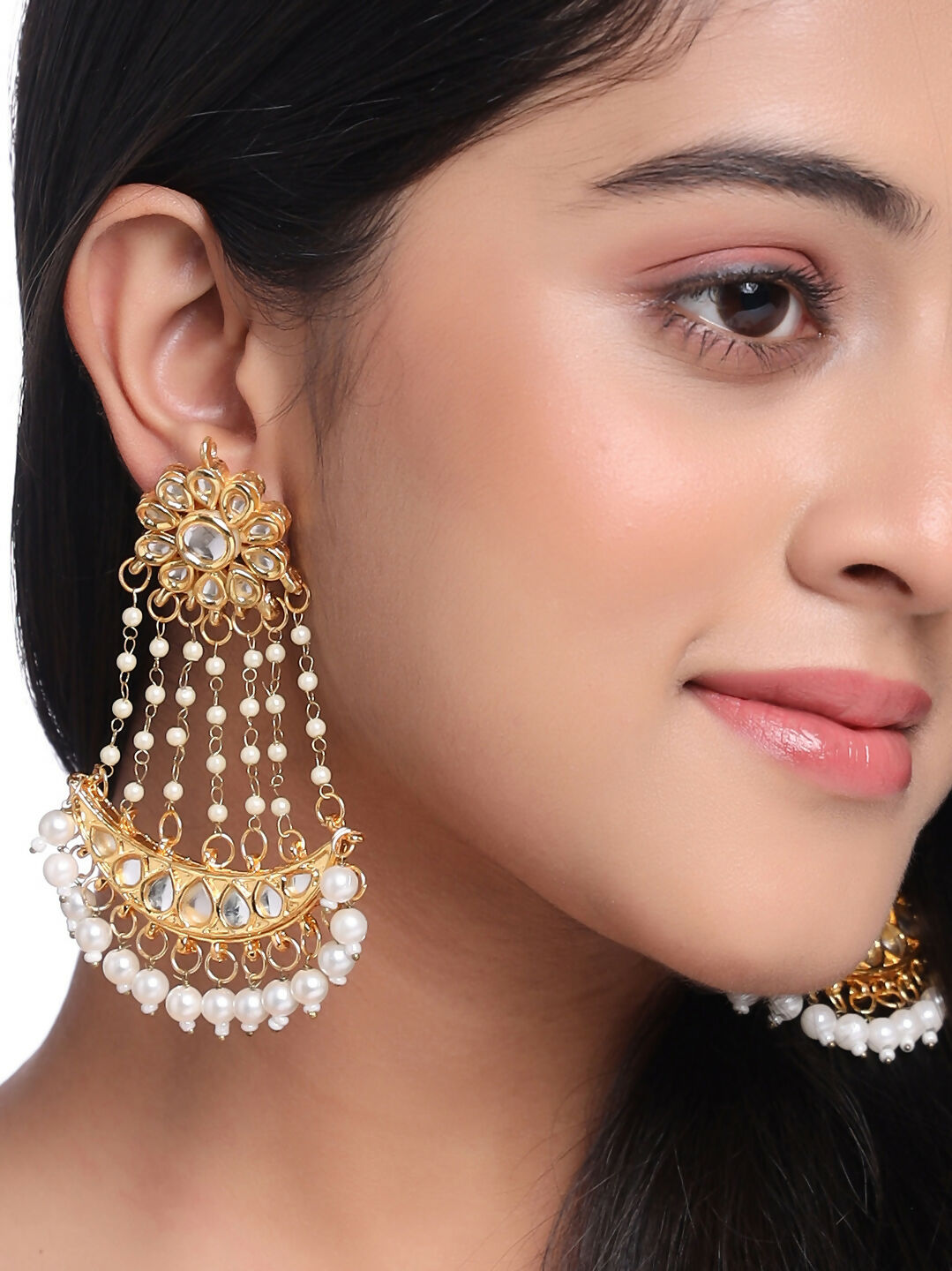 NVR Women Gold-Polished Kundan Chandbali Earrings