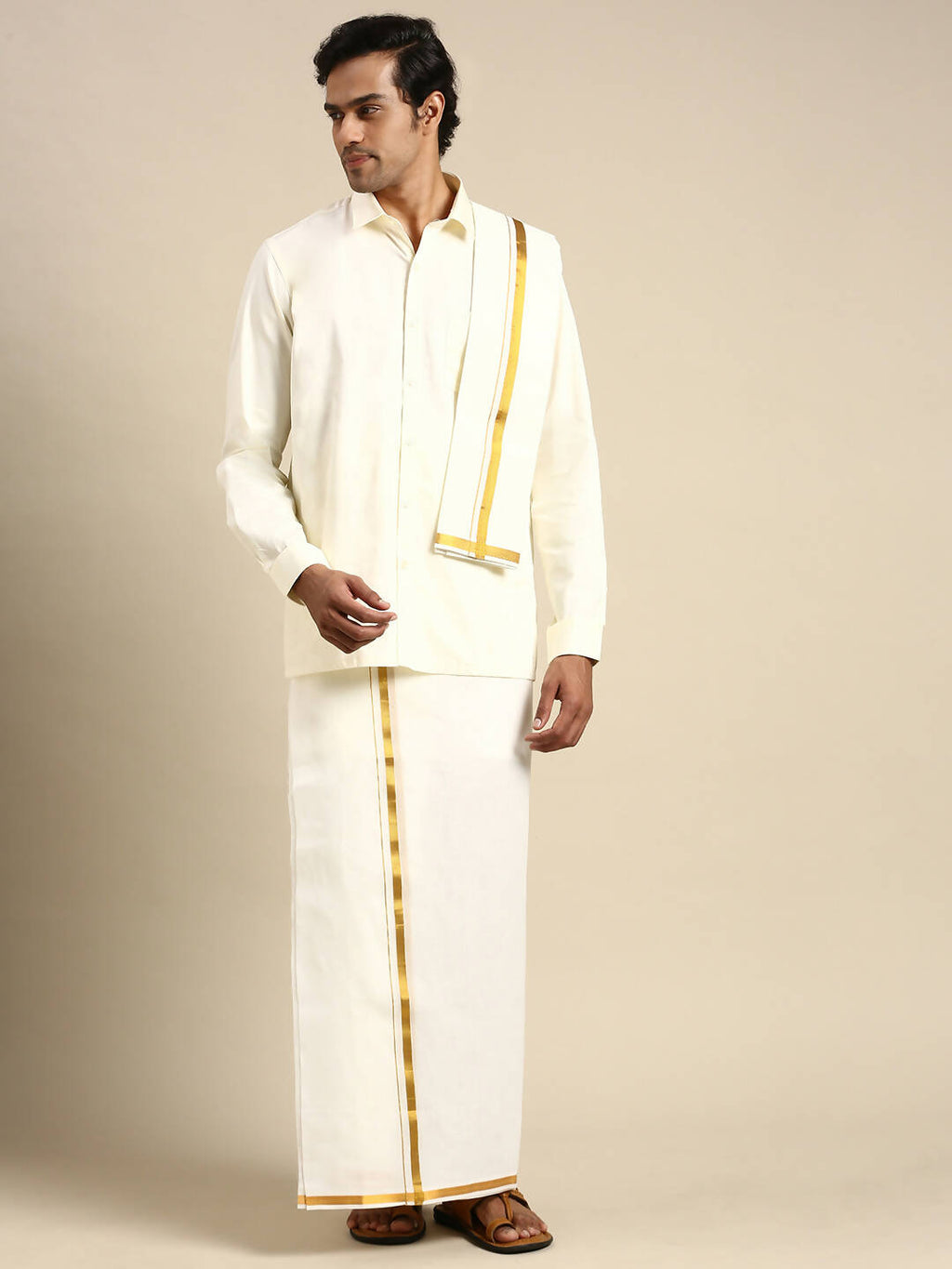 Ramraj Cotton Premium Wedding Cream Regular Dhoti, Shirt & Towel Set Golden Reward