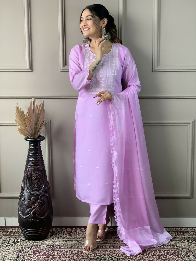 Lavender Viscose Chanderi Stitched Suit With Dupatta - Tanisha